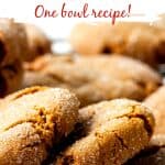 Row of golden crackled cookies with brown text and white overlay