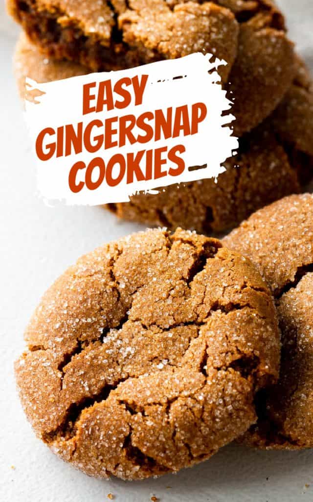 Top view of gingersnap cookie on white surface; white orange text