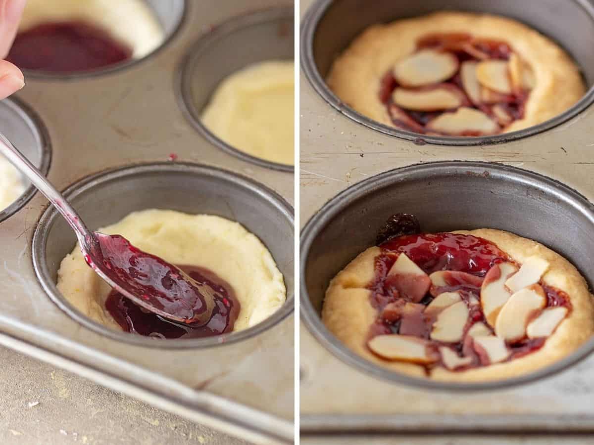 Two image collage adding jam to cookie cups in metal pans, and baked tarts topped with almonds