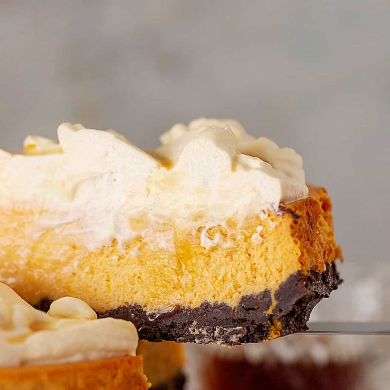 A slice of pumpkin cheesecake topped with cream, grey background