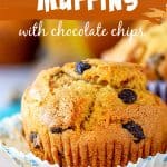 Close up of pumpkin muffin in paper liner, image with brown white text overlay