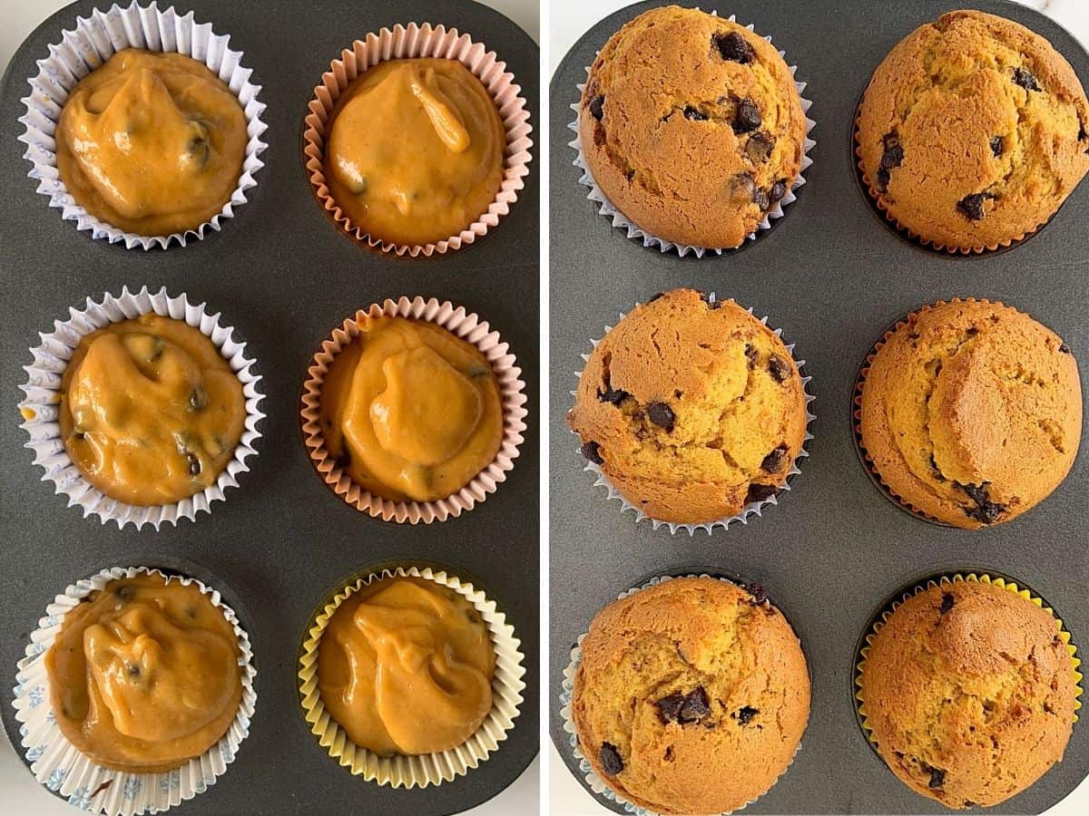 Metal muffin pans with unbaked and baked pumpkin muffins, two image collage