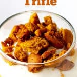 Top view of pumpkin trifle in a glass, brown text overlay