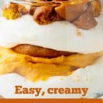 Front close-up of glass with layers of creamy pumpkin trifle; image with text