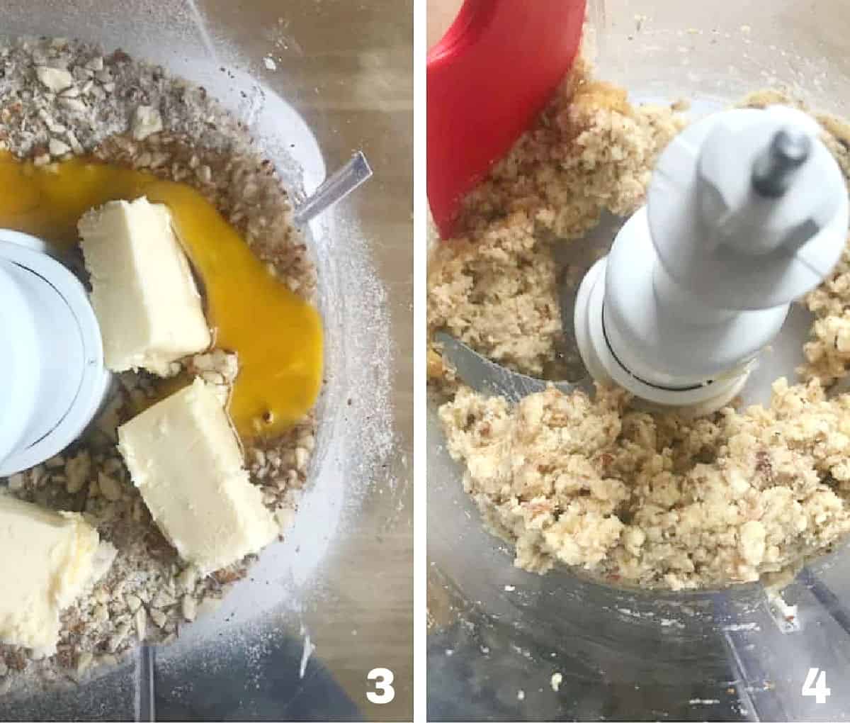 Mixing almonds, sugar, butter and egg in a food processor, top view