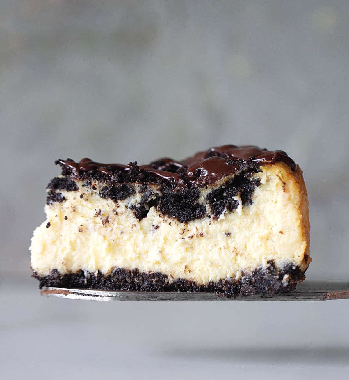 Single slice of Oreo Cheesecake on a cake server, grey background.