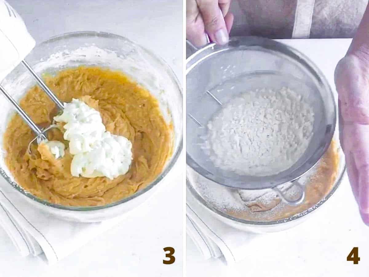 Collage with bowl containing pumpkin cake batter, adding sour cream, sifting flour over it.