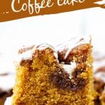 White and brown text on image with squares of iced pumpkin coffee cake