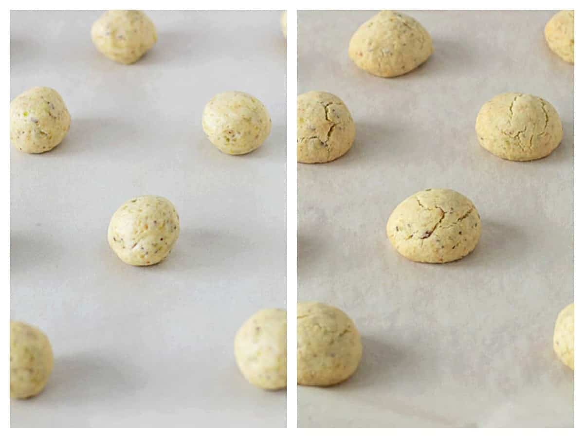 Two image collage with unbaked and baked snowball cookies on parchment paper.