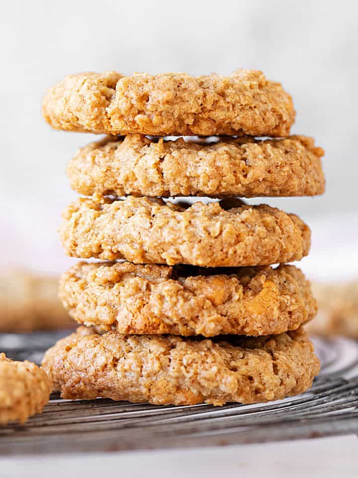 Close up of stack of oatmeal cookies on a wire rack with grey background.