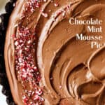 Top view of half chocolate mint pie with white text