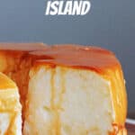 Partial view of floating island, grey blue background, white text