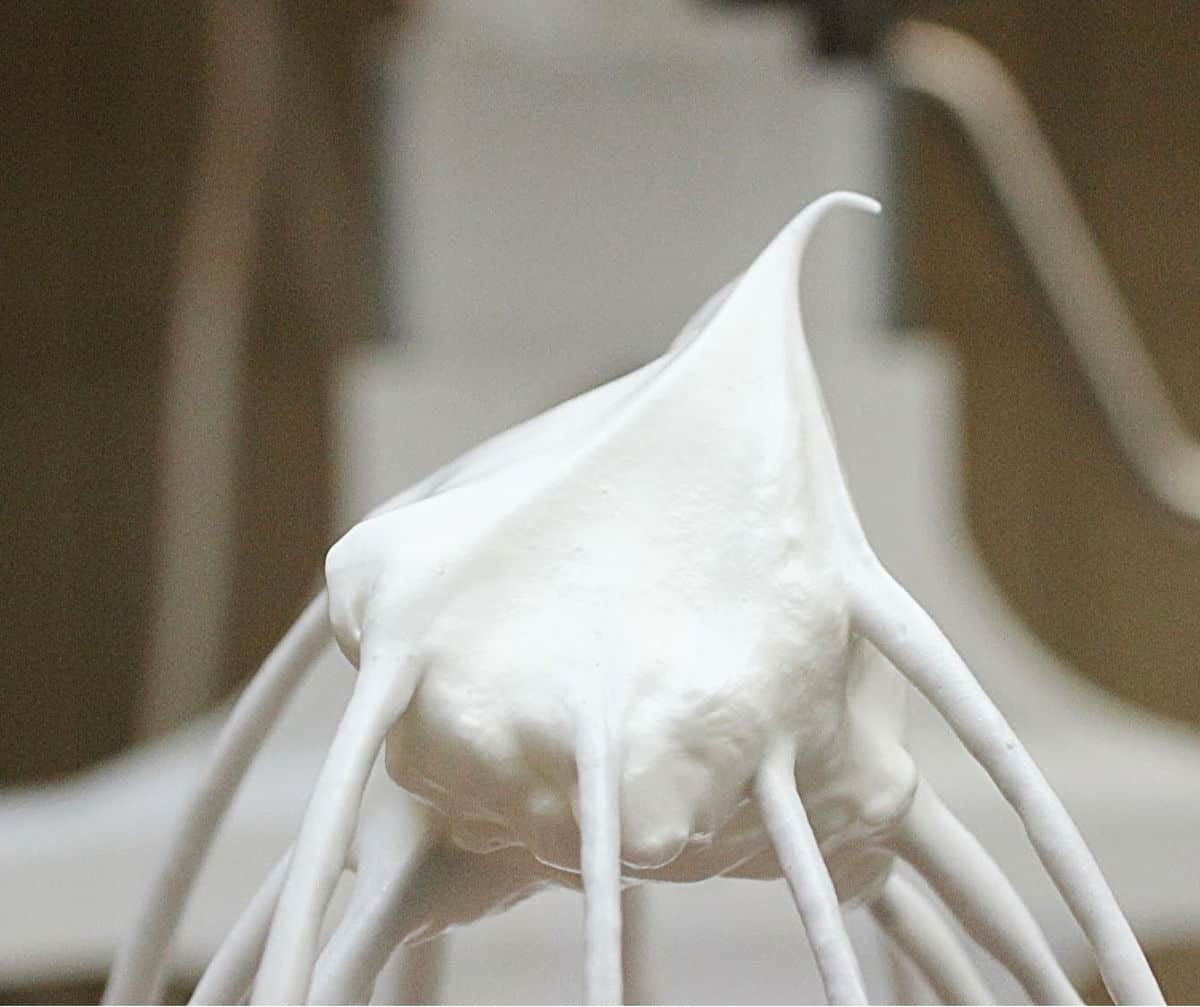 Firm meringue peak on stand mixer whisk.