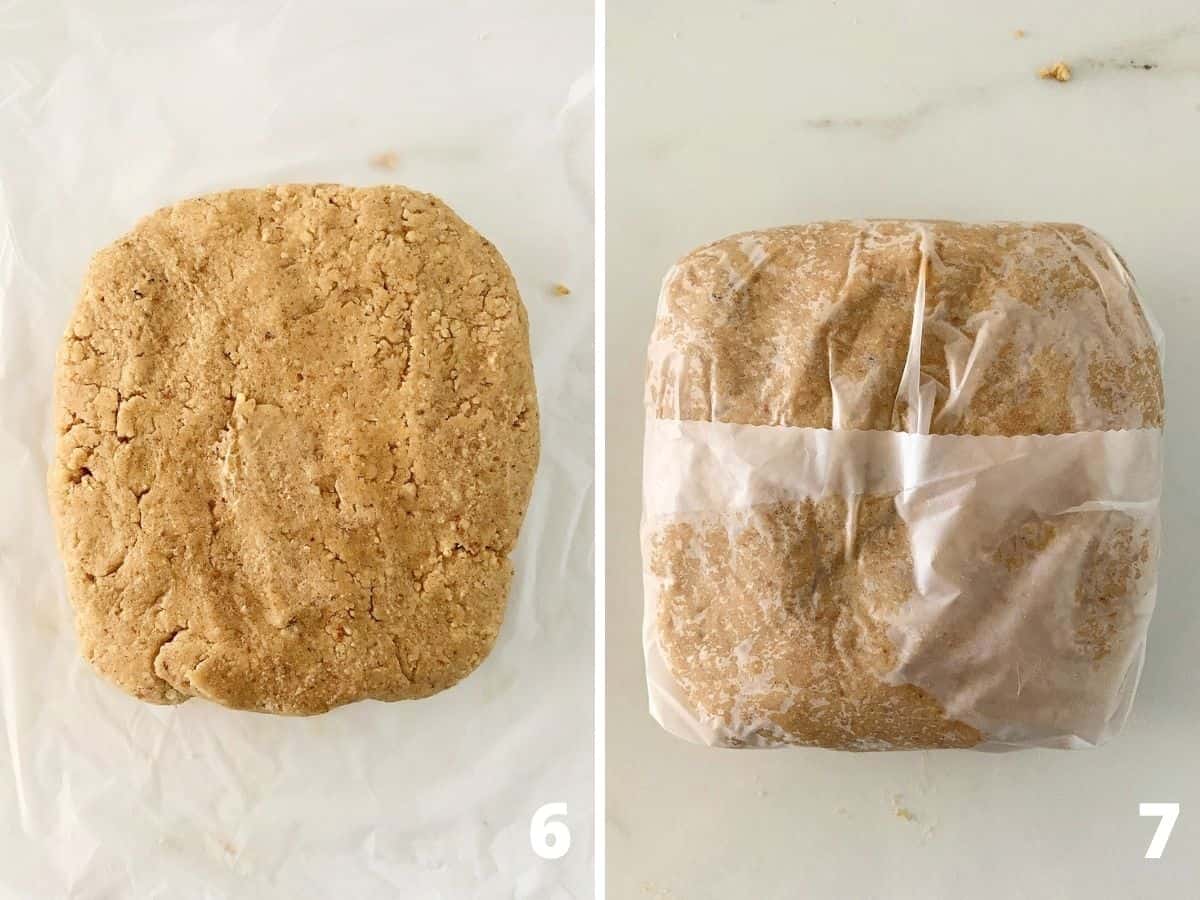 White surface with round of spice dough with and without plastic wrap