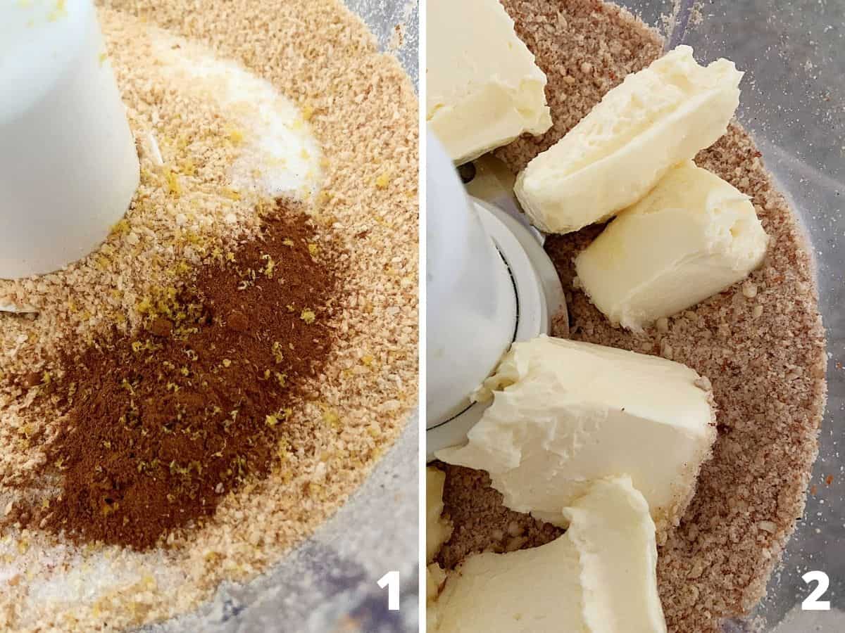 Two image collage of dry ingredients, spices and butter in food processor
