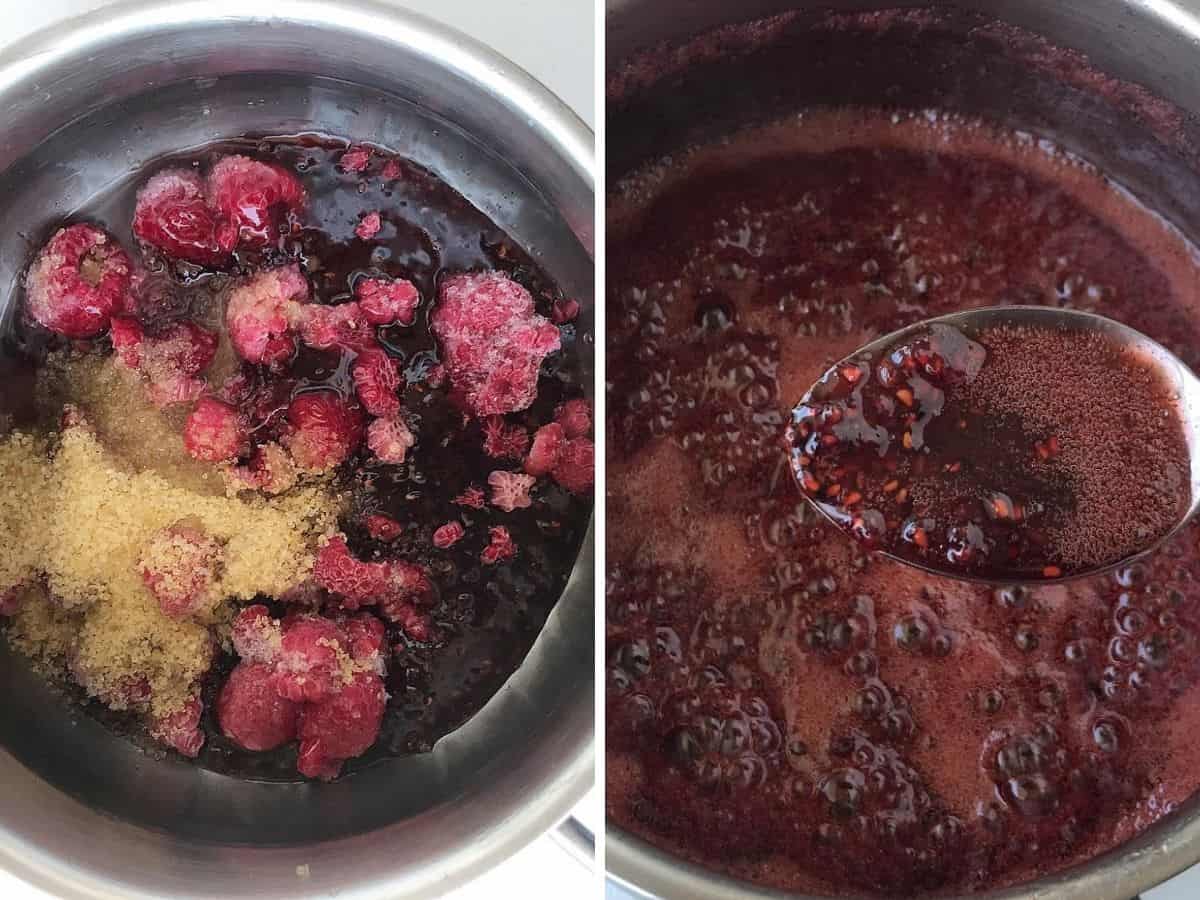 Two images of metal saucepan with raspberries and sugar, raw and baked