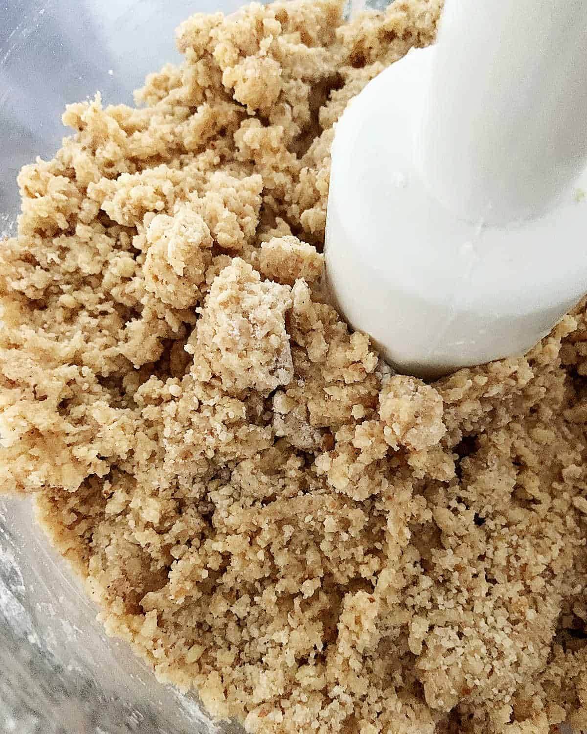 Beige crumbly dough mixture in the bowl of a food processor; close up image.