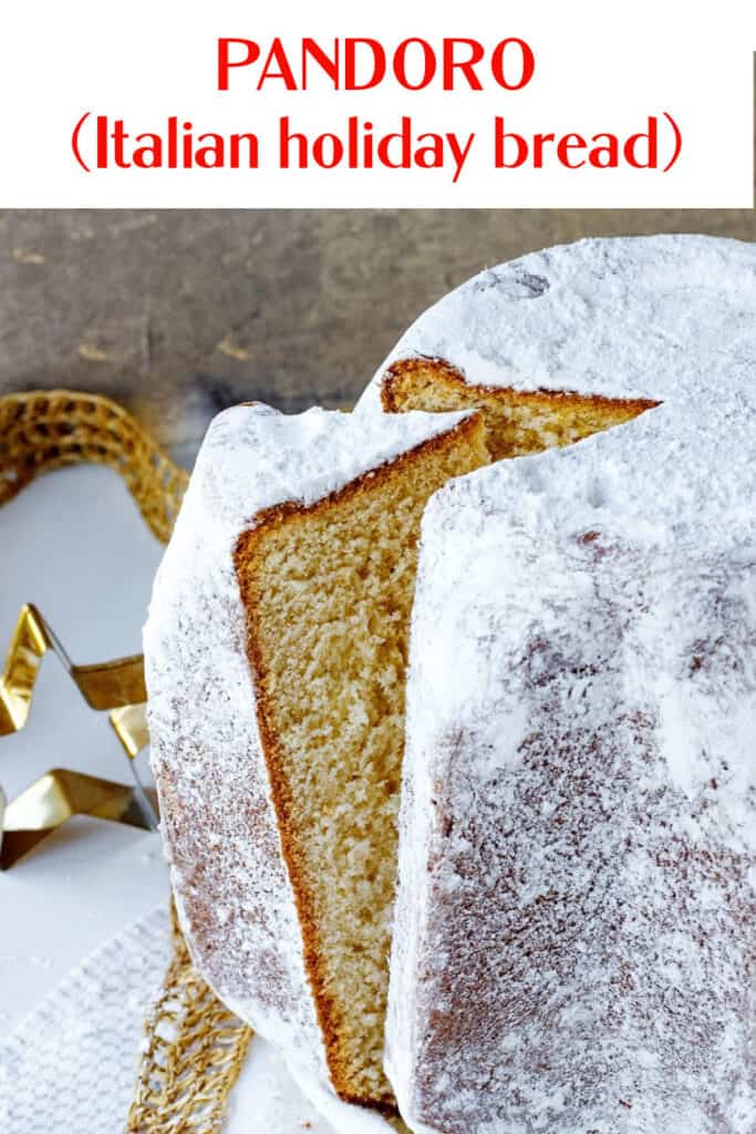 Powdered sugar coated pandoro bread, a slice being pulled away; red text overlay
