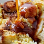 Caramel sauce poured over bread pudding in white bowl; red text overlay