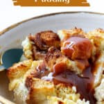 Gold rimmed white bowl with serving of apple bread pudding; brown white text overlay