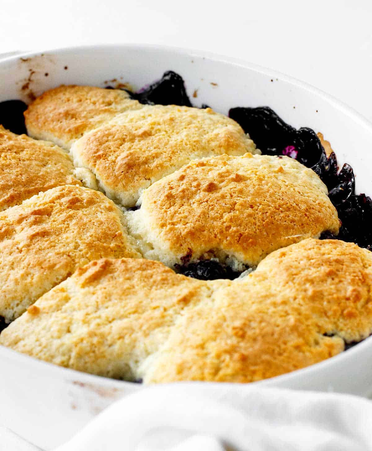 White dish with baked blueberry cobbler on a white background.