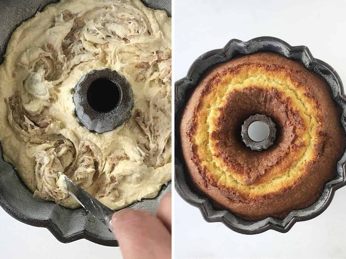Collage of hand swirling cake batter in bundt pan; overview of baked cake on white surface
