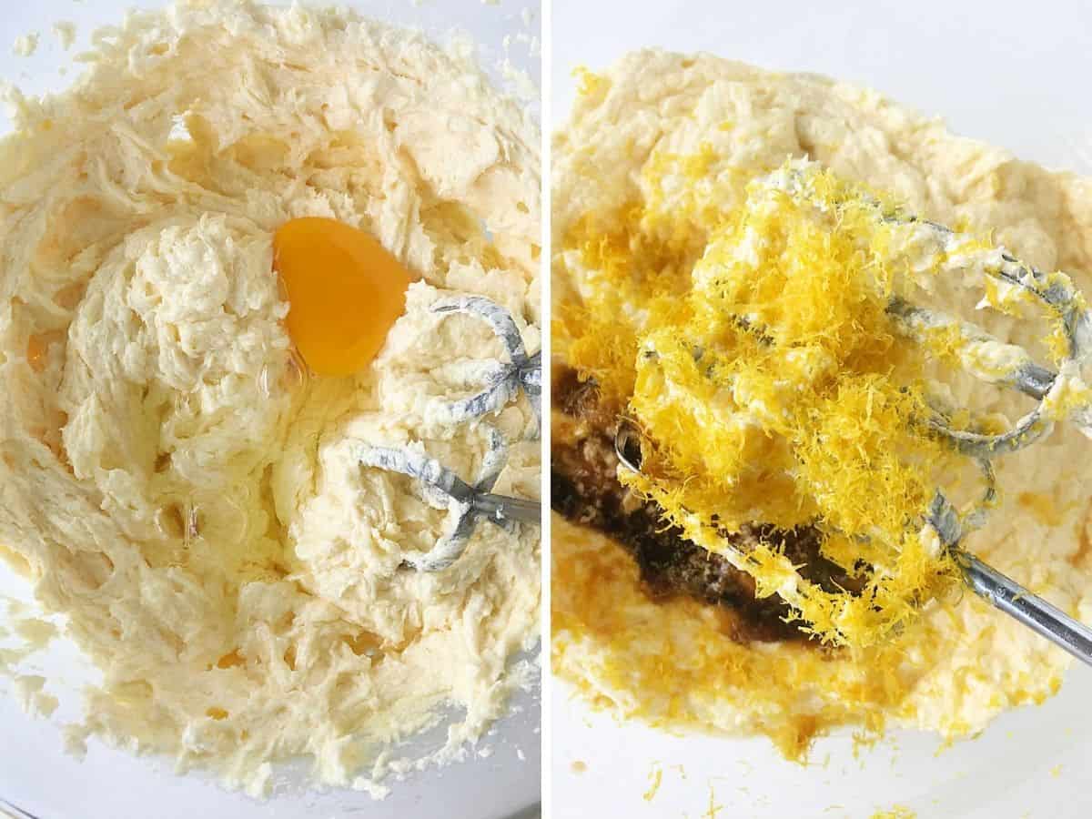Creaming butter with sugar, adding egg and then flavorings (lemon zest and vanilla)