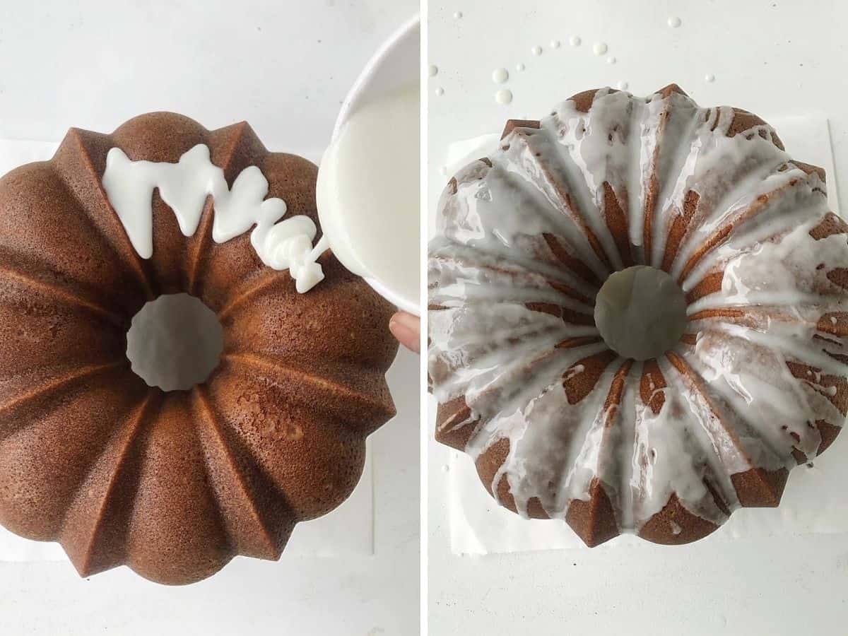 Top view of bundt cake being glazed; completely glazed cake on white surface