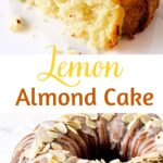 Yellow and brown text overlay on two images of sliced and whole almond bundt cake.