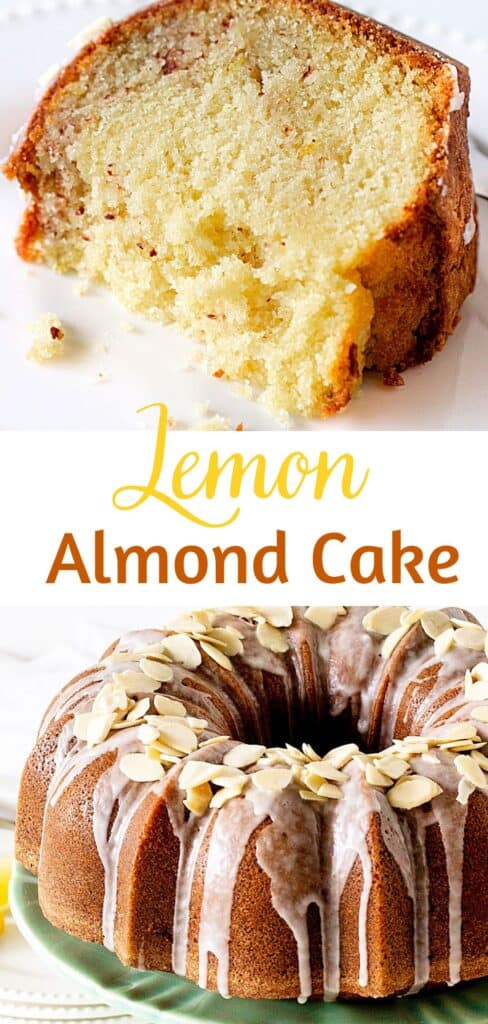 Yellow and brown text overlay on two images of sliced and whole almond bundt cake.