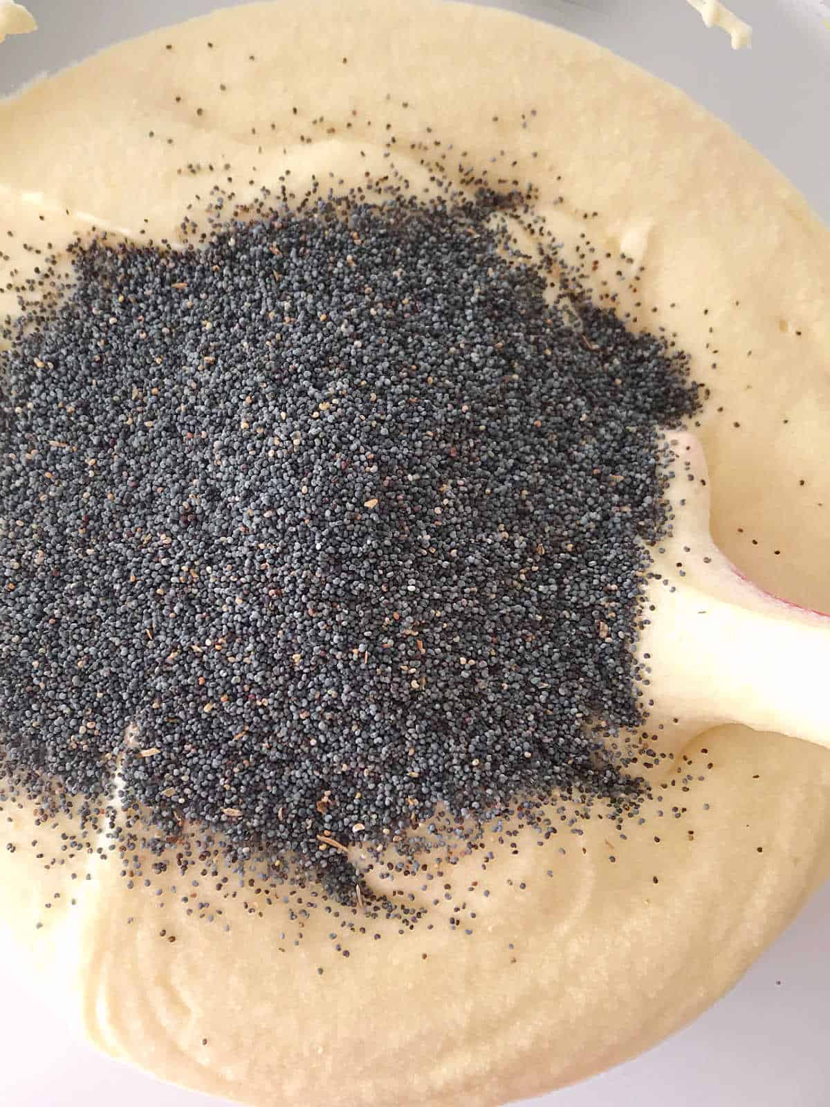Close up of poppy seeds added to a lemon cake batter in a bowl.