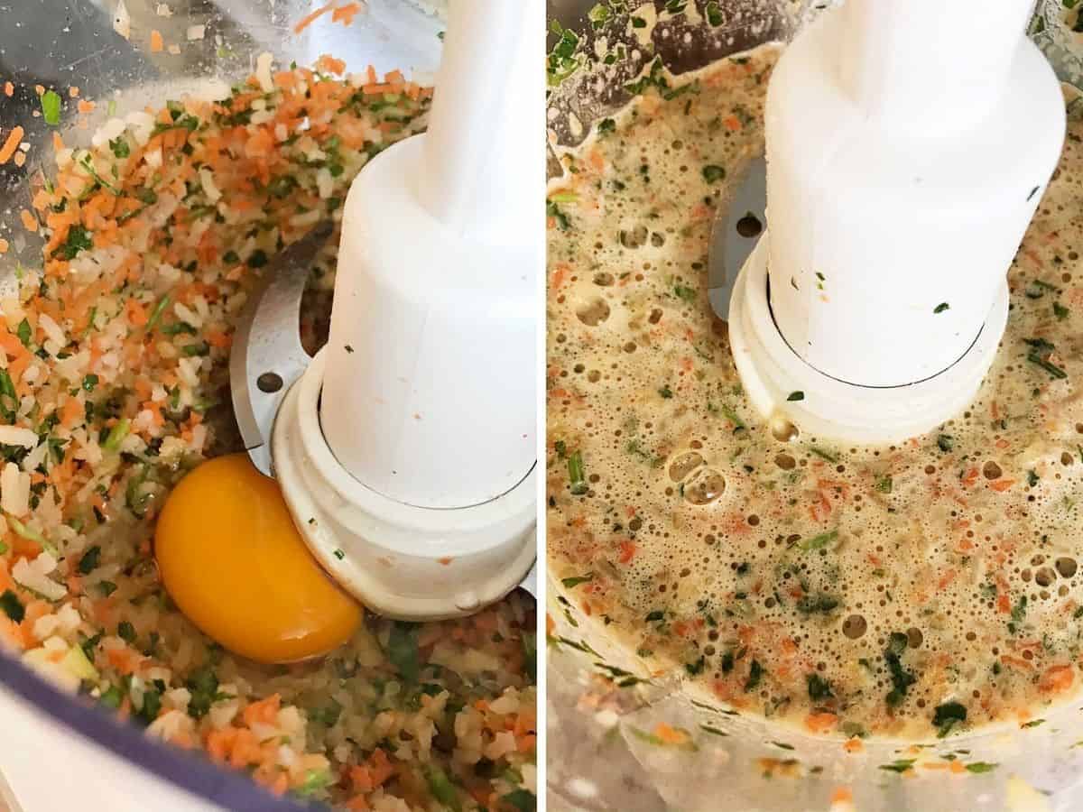 Two image collage of food processor bowl with veggie mixture and egg before and after processing