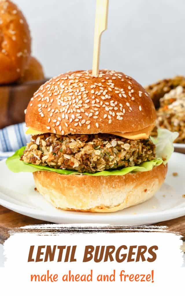 Brown and orange text on lentil cheeseburger on a bun image.