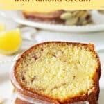 Single slice of lemon bundt cake on white plate; yellow brown text with overlay