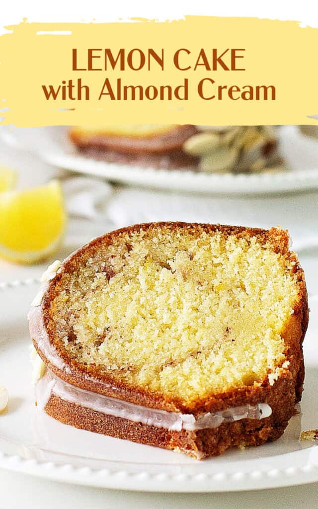 Single slice of lemon bundt cake on white plate; yellow brown text with overlay