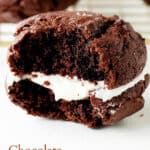 White suraface with eaten cream filled chocolate whoopie pie; image qieh text