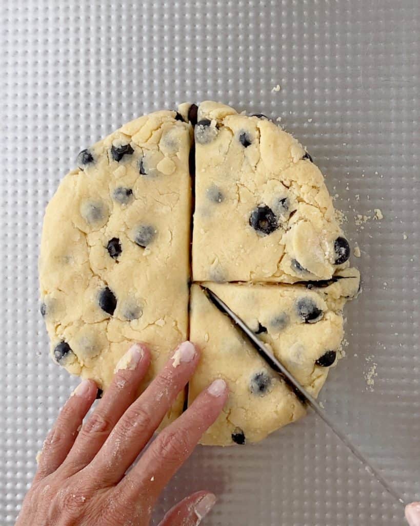 Cutting round of blueberry scone dough on a metal sheet into triangles.