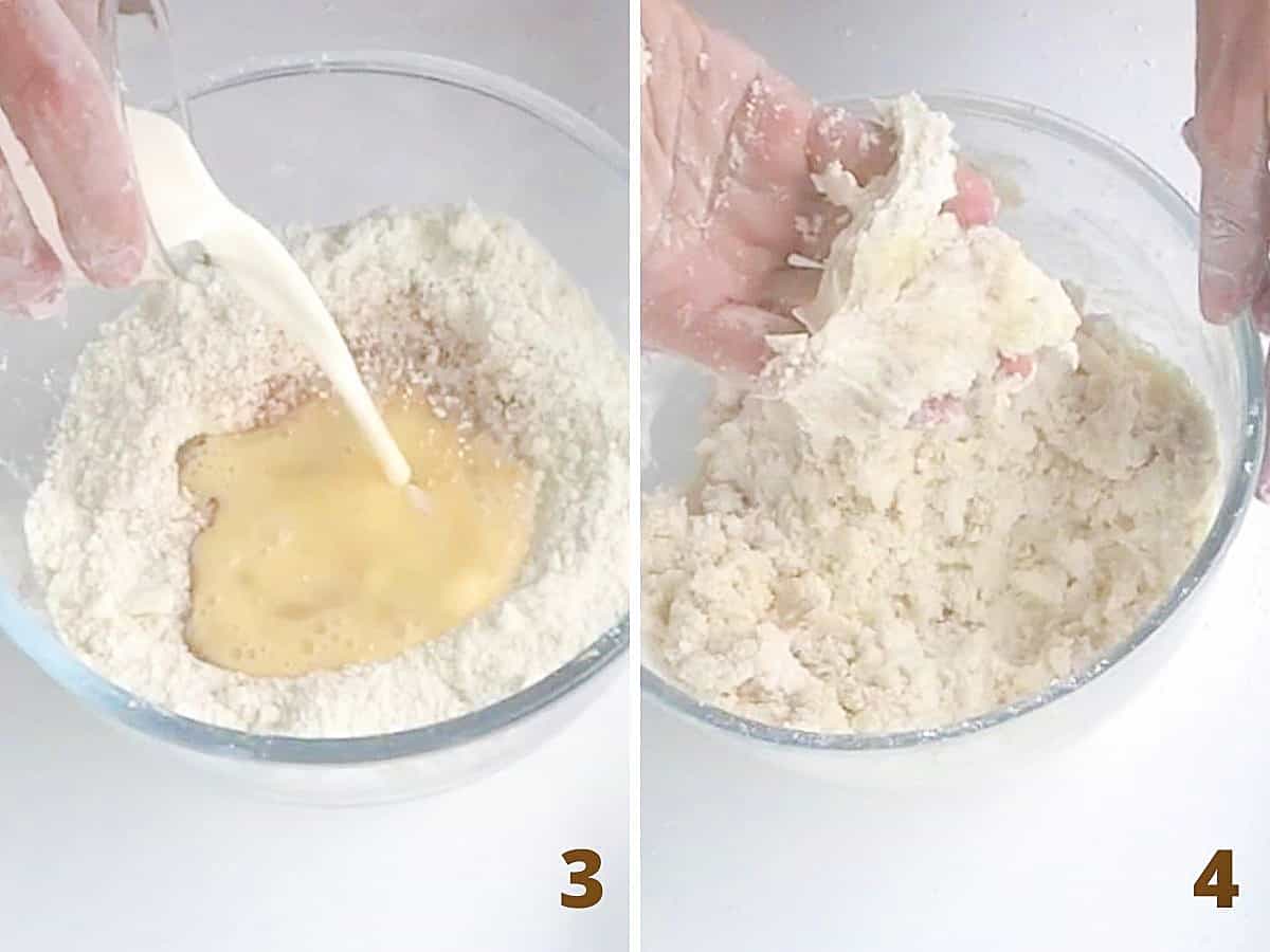 Adding eggs and milk to flour mixture in glass bowl and hand with portion of squeezed mixture