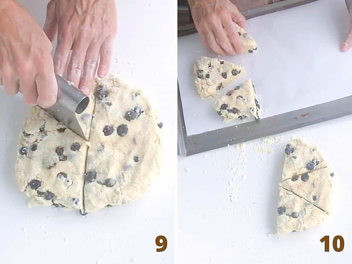Cutting blueberry scone disk into triangles and placing them on baking sheet