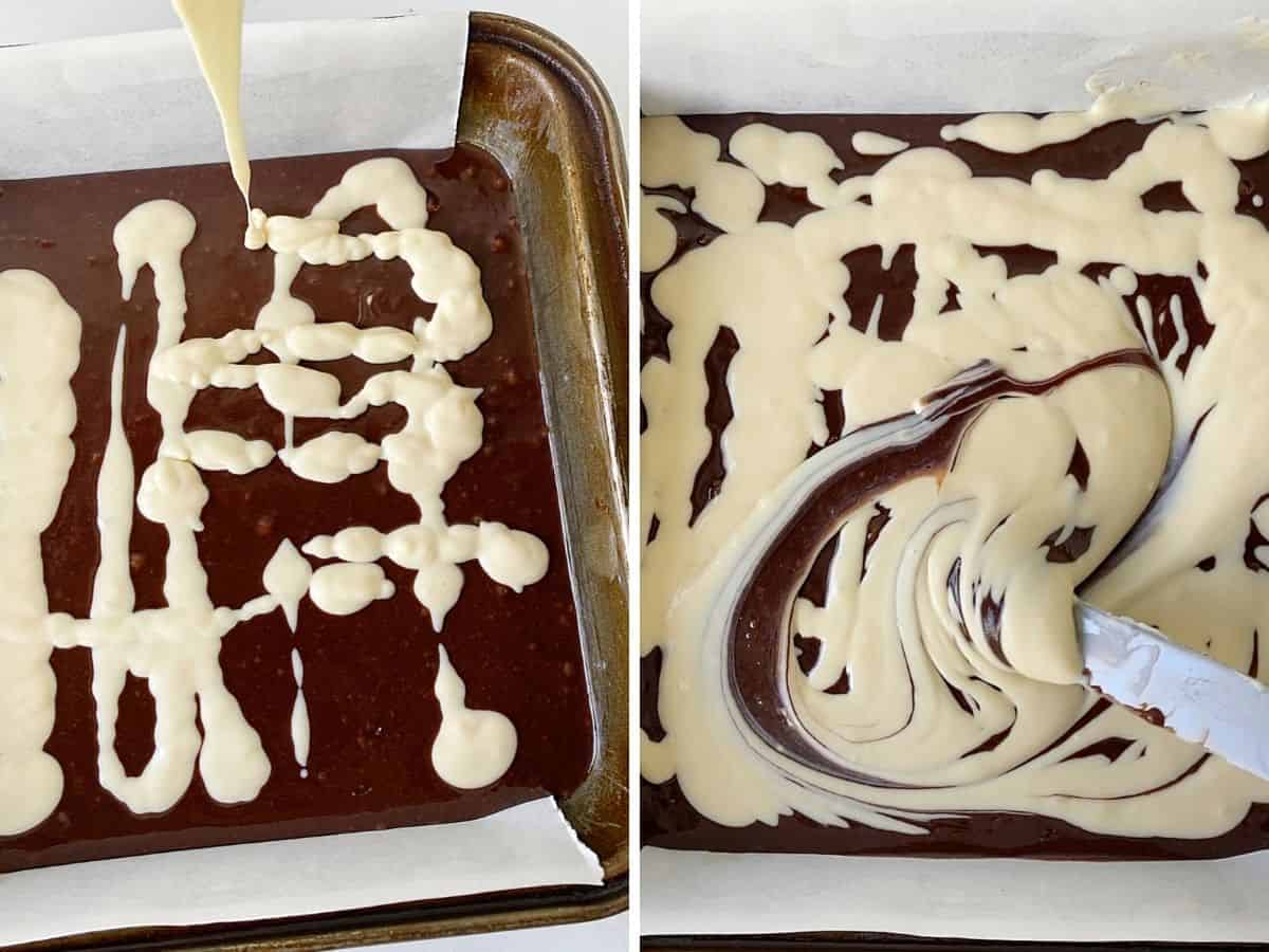 Collage showing cheesecake mixture on top of brownie batter, and marbling both