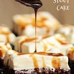 Pouring stout syrup over cream topped chocolate cake square; white text overlay