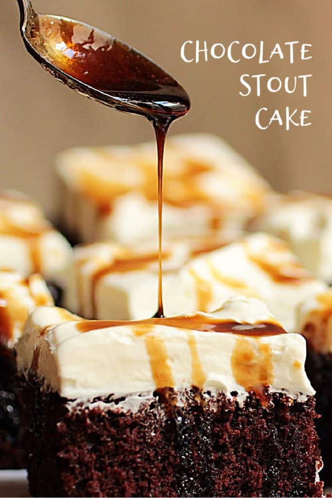 Pouring stout syrup over cream topped chocolate cake square; white text overlay