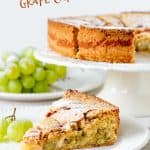 Slice of cake in white plate, cake in white cake stand, bunch of grapes, white background, text overlay