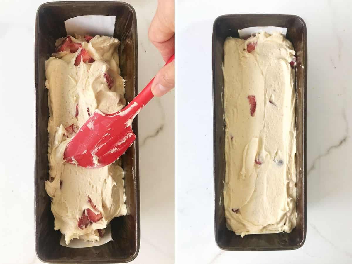 Collage smoothing strawberry cake batter in metal loaf pan with red spatula