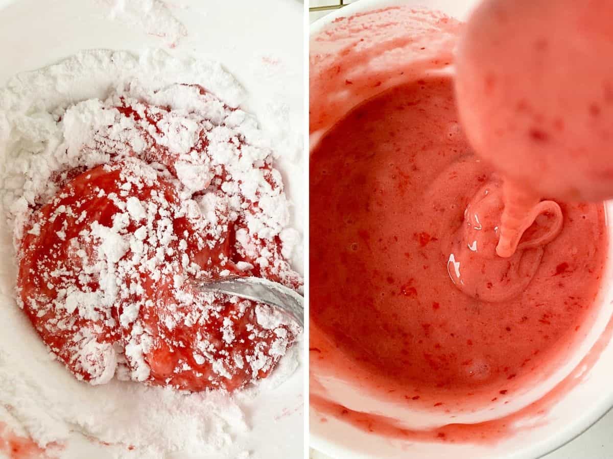 Collage mixing strawberry puree and powdered sugar, after it's mixed