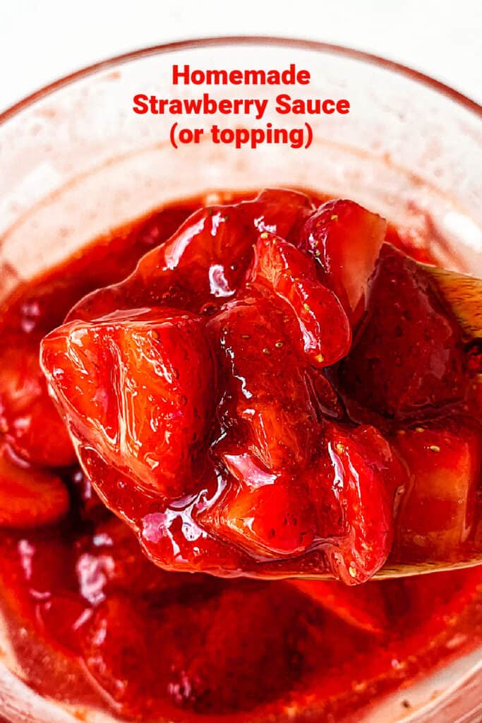 Wooden spoon with strawberry sauce, glass bowl underneath, red text overlay