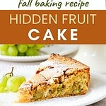 Brown and white text overlay on slices of grape cake on white plates.