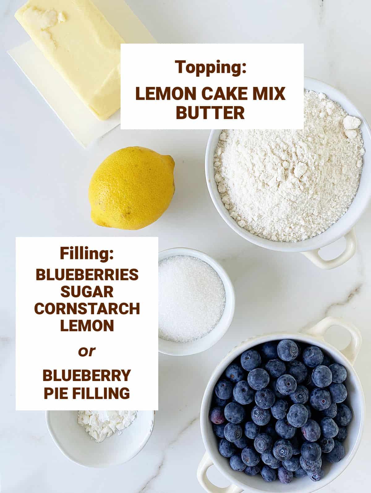Ingredients for blueberry dump cake in bowl on white surface; text overlay