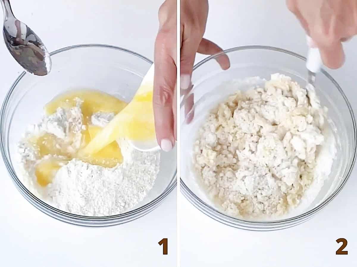 Adding melted butter to flour mixture in glass bowl and mixing it