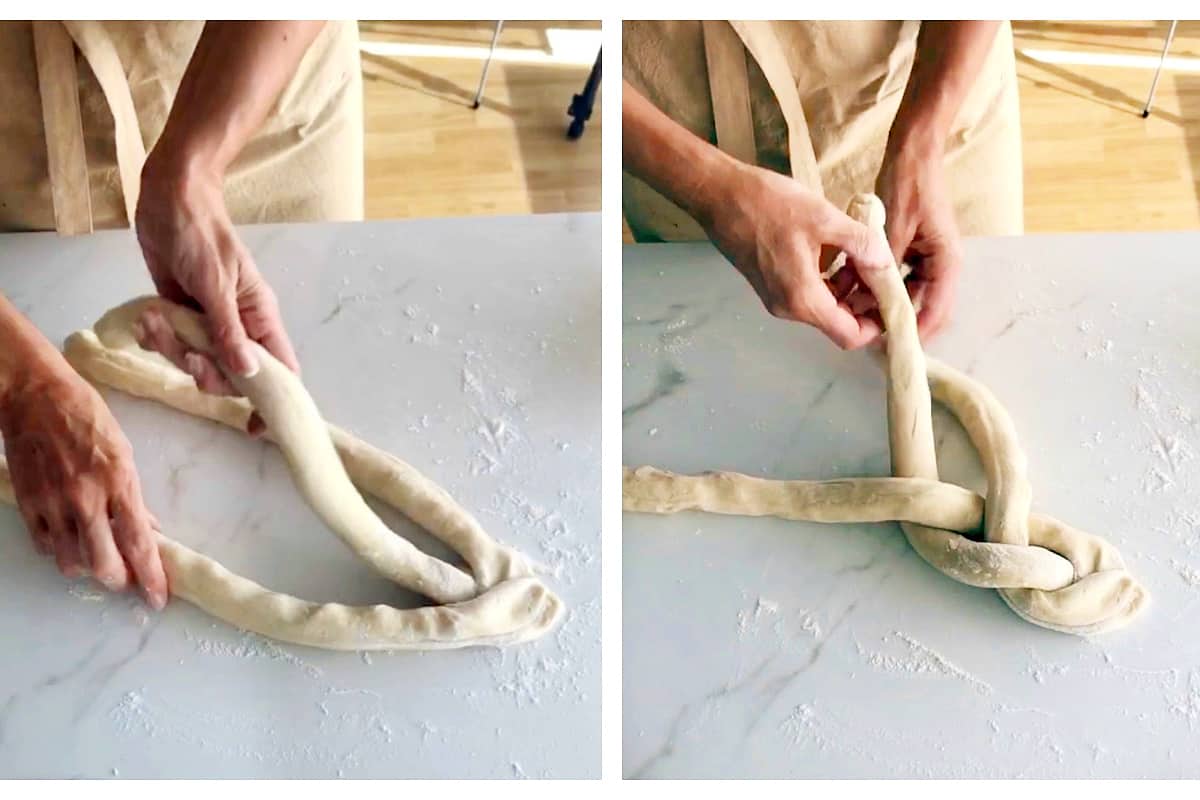 Image collage of hands making a braid with three dough strips.